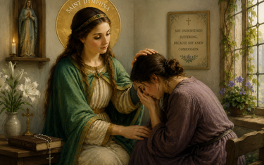 St. Dymphna, patron saint of mental health, anxiety, and depression, consoling a woman