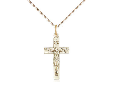 14kt Gold Filled medium Catholic crucifix necklace 7/8x3/8 inch pendant 18 inch curb chain Bliss USA
