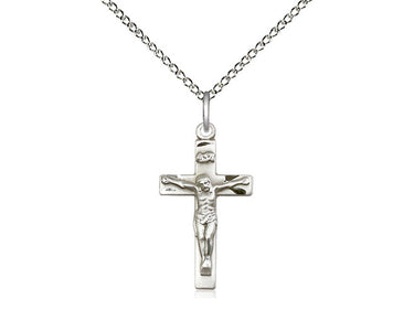 Sterling silver Catholic crucifix necklace with 7/8 inch pendant on 18 inch chain handmade in USA by Bliss