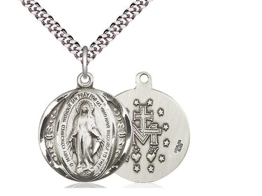 Sterling Silver Miraculous Medal Necklace - Medium 7/8 x 3/4 Inch Pendant on 24 Inch Chain - Bliss USA