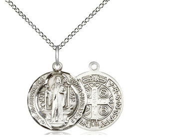 Sterling silver St. Benedict patron saint medal necklace, small 5/8x5/8, 18 inch chain, Bliss USA