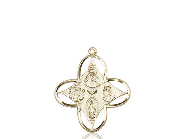 Large 14kt solid gold 4-Way Medal pendant with Sacred Heart, St. Joseph, St. Christopher and Miraculous Medal, 1 1/4 inch size, handcrafted in USA by Bliss