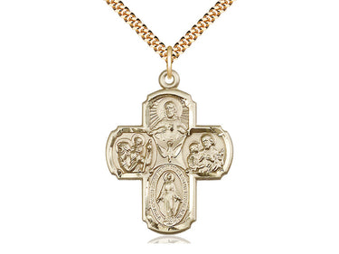 Large 14kt gold filled 5-Way Medal necklace with Sacred Heart, Blessed Virgin Mary, St. Christopher, St. Joseph and Holy Spirit, 1 3/8 inch pendant with 24 inch chain, handcrafted in USA by Bliss