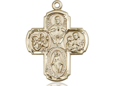 Large 14kt solid gold 5-Way Medal pendant with Sacred Heart, Blessed Virgin Mary, St. Christopher, St. Joseph and Holy Spirit, 1 3/8 inch size, handcrafted in USA by Bliss