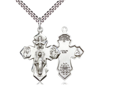 Sterling Silver Large Four-Way Medal Necklace 1 1/4 inch with 24 inch curb chain handcrafted by Bliss Manufacturing