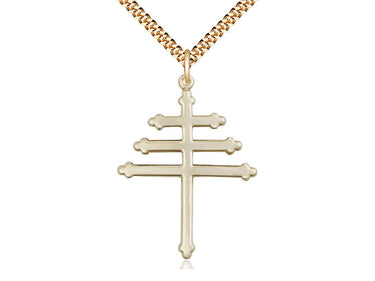 14kt Gold Filled Large Maronite Cross Necklace 1.5 x 1.125 inches with 24 inch curb chain handcrafted by Bliss Manufacturing USA