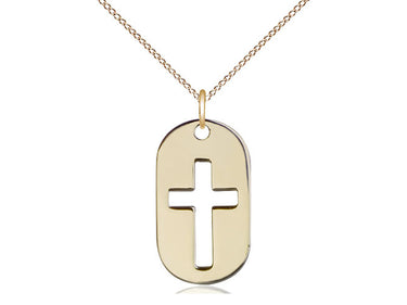 14kt Gold Filled Catholic Cross Dog Tag Necklace 7/8 x 1/2 inch pendant with 18 inch chain by Bliss