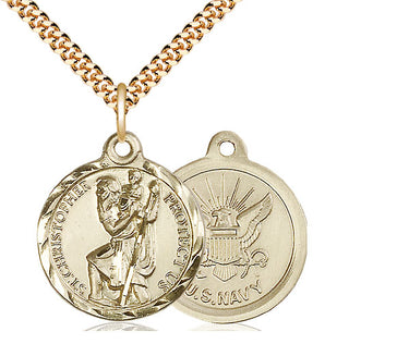 14kt Gold Filled St. Christopher Navy Medal Necklace with 7/8 inch pendant on 24 inch curb chain handcrafted by Bliss Manufacturing