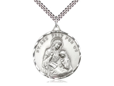 Large Sterling Silver St. Ann Patron Saint Medal Necklace 1 3/8 x 1 1/8 inch with 24 inch chain by Bliss Manufacturing