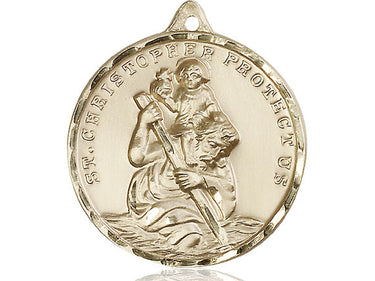 Large 14kt solid gold St. Christopher patron saint medal pendant, 1 3/8 x 1 1/8 inches, handcrafted in USA by Bliss Manufacturing