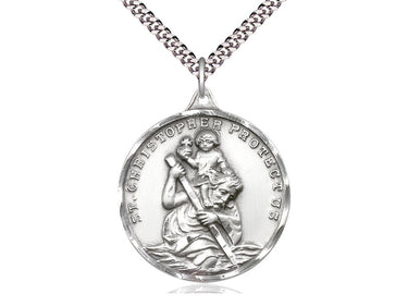 Large sterling silver St. Christopher patron saint medal necklace 1 3/8 x 1 1/8 inches with 24 inch chain by Bliss