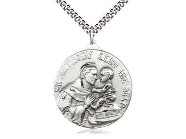 Sterling silver St Anthony patron saint medal necklace with 24 inch curb chain, large 1 3/8 inch pendant, handmade by Bliss Manufacturing USA