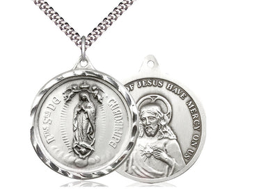 Large sterling silver Our Lady of Guadalupe medal necklace 1 3/8 x 1 1/4 inch 24 inch chain Bliss USA