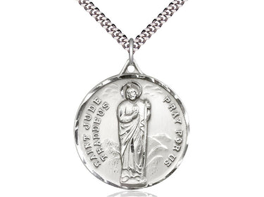 Large Sterling Silver St. Jude Patron Saint Medal Necklace 1 1/4 x 1 1/8 inches 24 Inch Chain USA Made by Bliss
