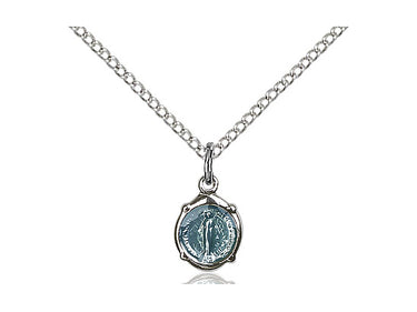 Small Sterling Silver Miraculous Medal Necklace 3/8 inch by 1/4 inch on 18 inch chain handcrafted by Bliss Manufacturing USA