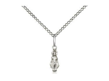 Small sterling silver Infant of Prague Catholic necklace with 3/8 inch pendant on 18 inch chain, handcrafted by Bliss Manufacturing USA
