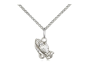 Sterling silver small Catholic Praying Hands pendant necklace 3/8 inch medal 18 inch chain Bliss