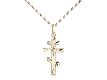 14kt Gold Filled Catholic Cross Necklace 3/4 inch x 3/8 inch with 18 inch chain handcrafted by Bliss Manufacturing USA