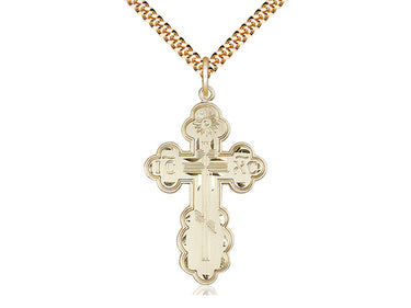 14kt gold filled St. Olga cross necklace, 1 3/8 x 7/8 inch pendant with 24 inch chain, handcrafted by Bliss USA