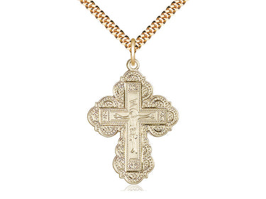 Large 14kt Gold Filled Irene Cross Necklace with 1.25x0.875 inch pendant on 24 inch chain by Bliss Manufacturing