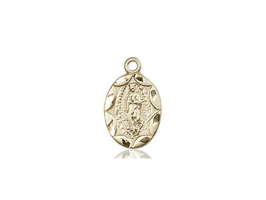 Small 14kt solid gold Our Lady of Guadalupe medal pendant 1/2 x 1/4 inch handcrafted by Bliss Manufacturing