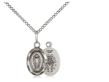 Small Sterling Silver Miraculous Medal Necklace 1/2 x 1/4 inch with 18 inch chain by Bliss