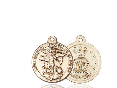 14kt solid gold St. Michael the Archangel patron saint medal pendant with Air Force emblem, 7/8 x 1-3/8 inches, handcrafted by Bliss Manufacturing