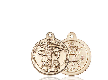 14kt solid gold St. Michael the Archangel patron saint medal pendant with Army emblem, 7/8 x 1-3/8 inches, handcrafted by Bliss Manufacturing