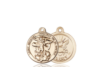 14kt solid gold St. Michael the Archangel patron saint medal pendant with Navy emblem, 7/8 x 1-3/8 inches, handcrafted by Bliss Manufacturing