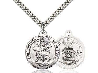 Sterling silver St. Michael the Archangel medal necklace with 24 inch chain, 7/8 x 1 3/8 inch pendant, handcrafted by Bliss
