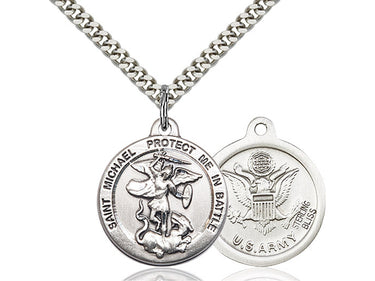 Sterling silver St. Michael Army medal necklace with 24 inch chain, 7/8 x 1 3/8 inch military pendant, handcrafted by Bliss