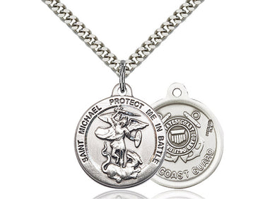Sterling silver St. Michael the Archangel medal necklace with 24 inch chain, 7/8 x 1 3/8 inch pendant, handcrafted by Bliss