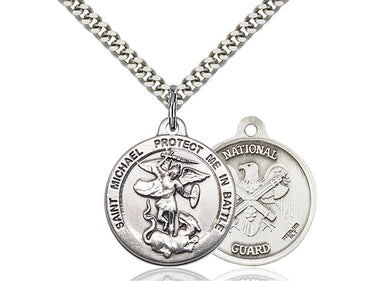 Sterling silver St. Michael the Archangel medal necklace with 24 inch chain, 7/8 x 1 3/8 inch pendant, handcrafted by Bliss