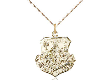 14kt gold filled Lord Is My Shepherd pendant necklace featuring Christ the Good Shepherd, 7/8 x 3/4 inch pendant on 18 inch chain by Bliss
