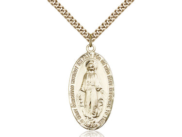 14kt gold filled large Miraculous Medal necklace 1 3/8 inch by 3/4 inch with 24 inch curb chain by Bliss