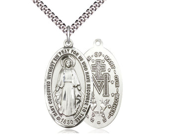Sterling Silver Large Miraculous Medal Necklace 1 3/8 x 3/4 inches with 24 inch chain by Bliss