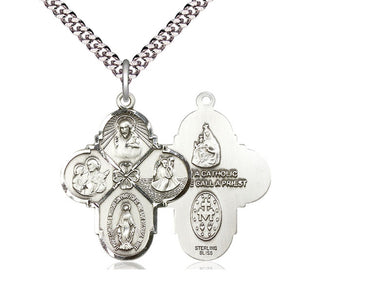 Sterling silver Catholic 4-Way Medal necklace 1 1/8 inch with 24 inch curb chain handmade by Bliss