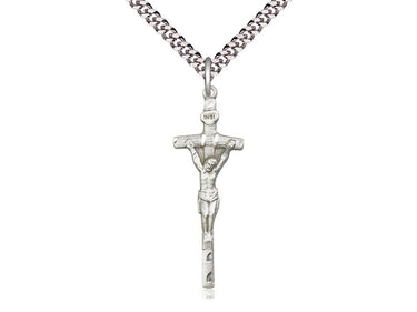 Large sterling silver Papal Crucifix necklace 1-3/8 x 1/2 inch with 24 inch curb chain by Bliss