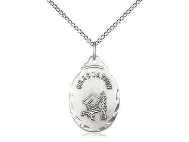 Sterling silver Catholic graduation medal necklace 7/8 x 1/2 inch pendant 18 inch chain by Bliss Manufacturing