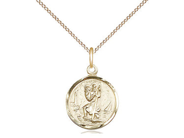 14kt gold filled small St. Christopher patron saint medal necklace with 18 inch chain, 5/8 inch by 1/2 inch, Bliss USA