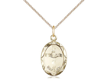 14kt gold filled Catholic baptism medal necklace 3/4x3/8 inch with 18 inch chain by Bliss Manufacturing USA