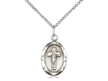 Sterling Silver Medium Catholic Crucifix Necklace 3/4 x 3/8 inch pendant on 18 inch curb chain handmade by Bliss USA