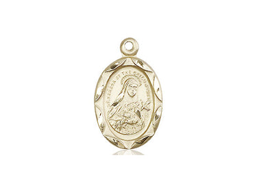 14kt solid gold St. Theresa of Lisieux patron saint medal pendant, 3/4 inch by 3/8 inch, handmade in USA by Bliss Manufacturing