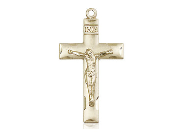 14kt solid gold medium Catholic crucifix pendant 1 1/8 x 5/8 inches handcrafted by Bliss Manufacturing