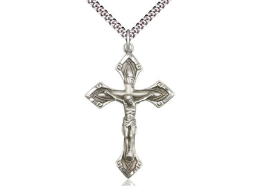 Extra Large Sterling Silver Catholic Crucifix Necklace 1 7/8 x 1 1/8 inches on 24 inch chain handcrafted by Bliss USA