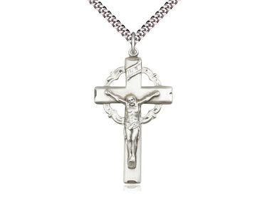 Large Sterling Silver Catholic Crucifix Necklace 1 5/8 x 1 inch with 24 inch chain by Bliss Manufacturing