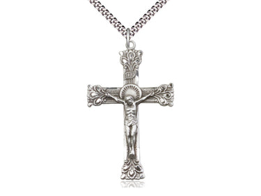 Extra large sterling silver Catholic crucifix necklace with 2 inch pendant and 24 inch chain by Bliss Manufacturing