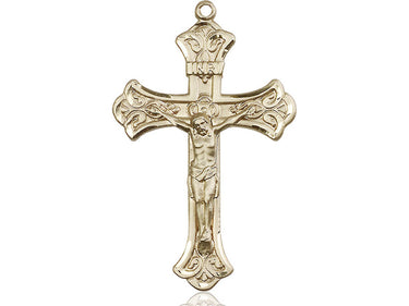 Extra large 14kt solid gold Catholic crucifix pendant measuring 1-7/8 by 1-1/8 inches handcrafted by Bliss Manufacturing