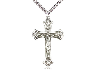 Sterling silver extra large Catholic crucifix necklace 1.875 inches with 24 inch chain by Bliss