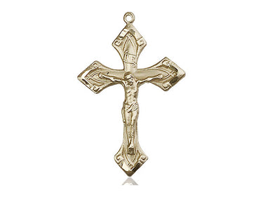 14kt solid gold Catholic crucifix pendant, medium 1⅛ inch x ¾ inch, handcrafted in USA by Bliss Manufacturing